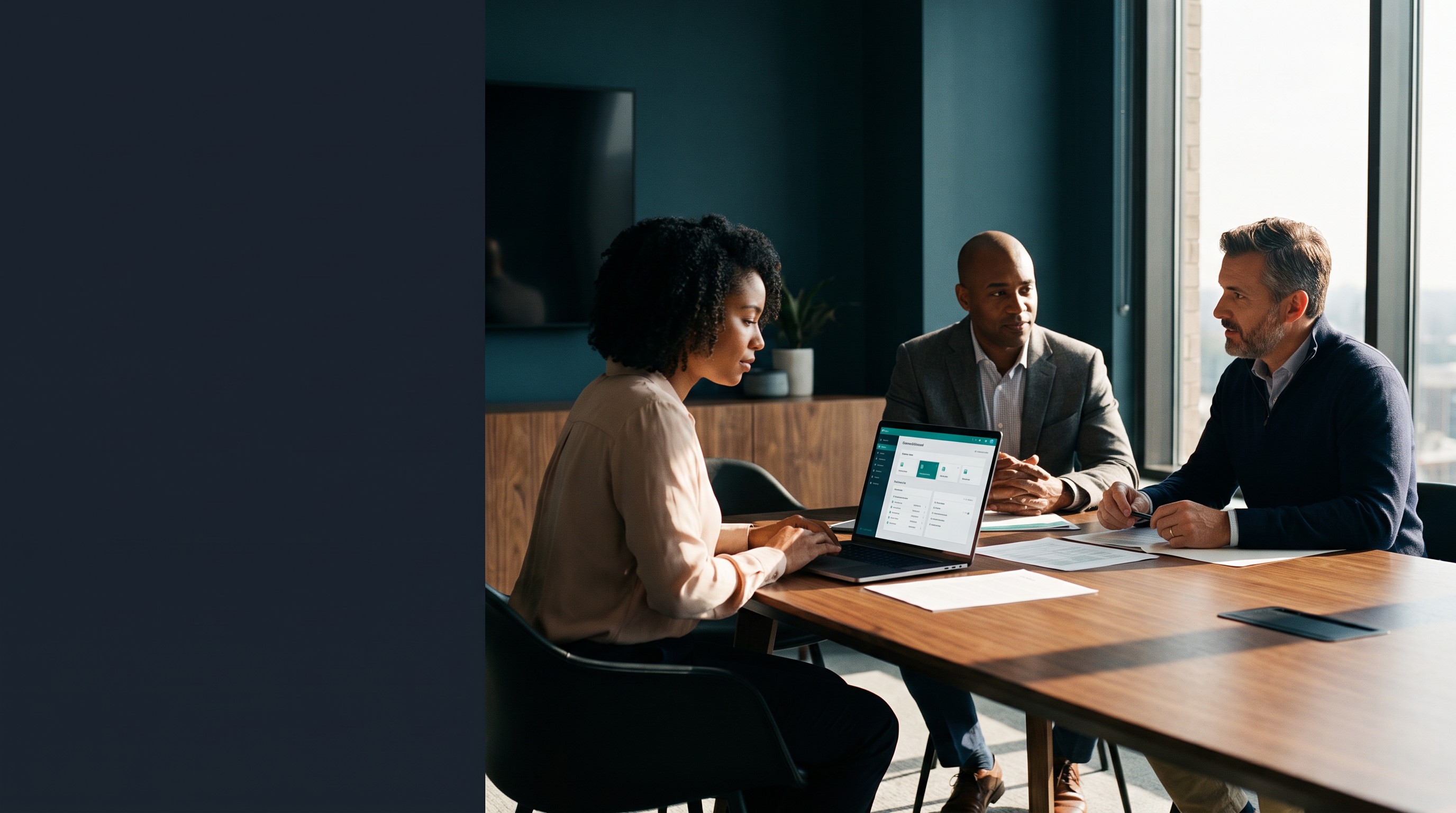 A company's team reviewing offering documents together at a table