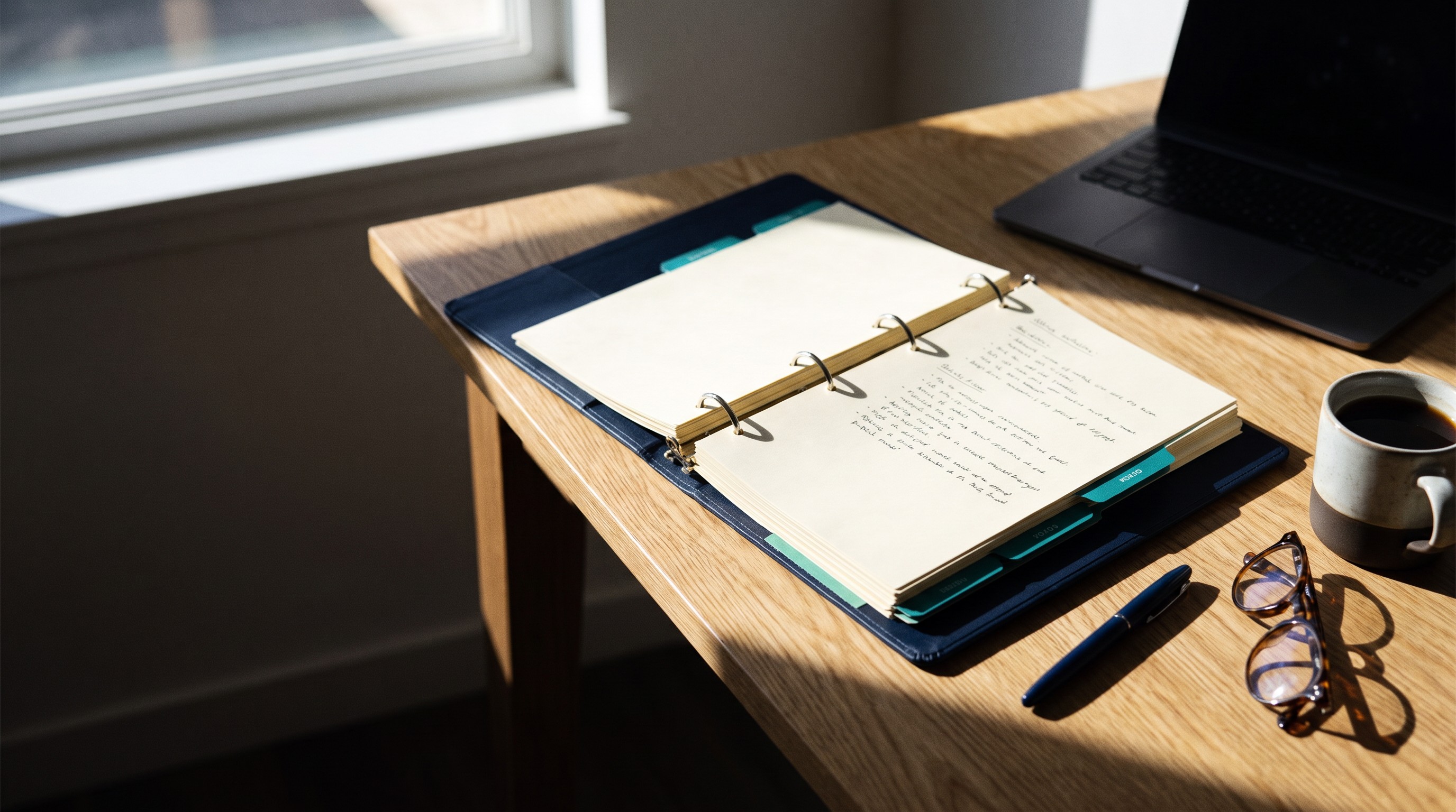 An open binder of guides and notes on a desk