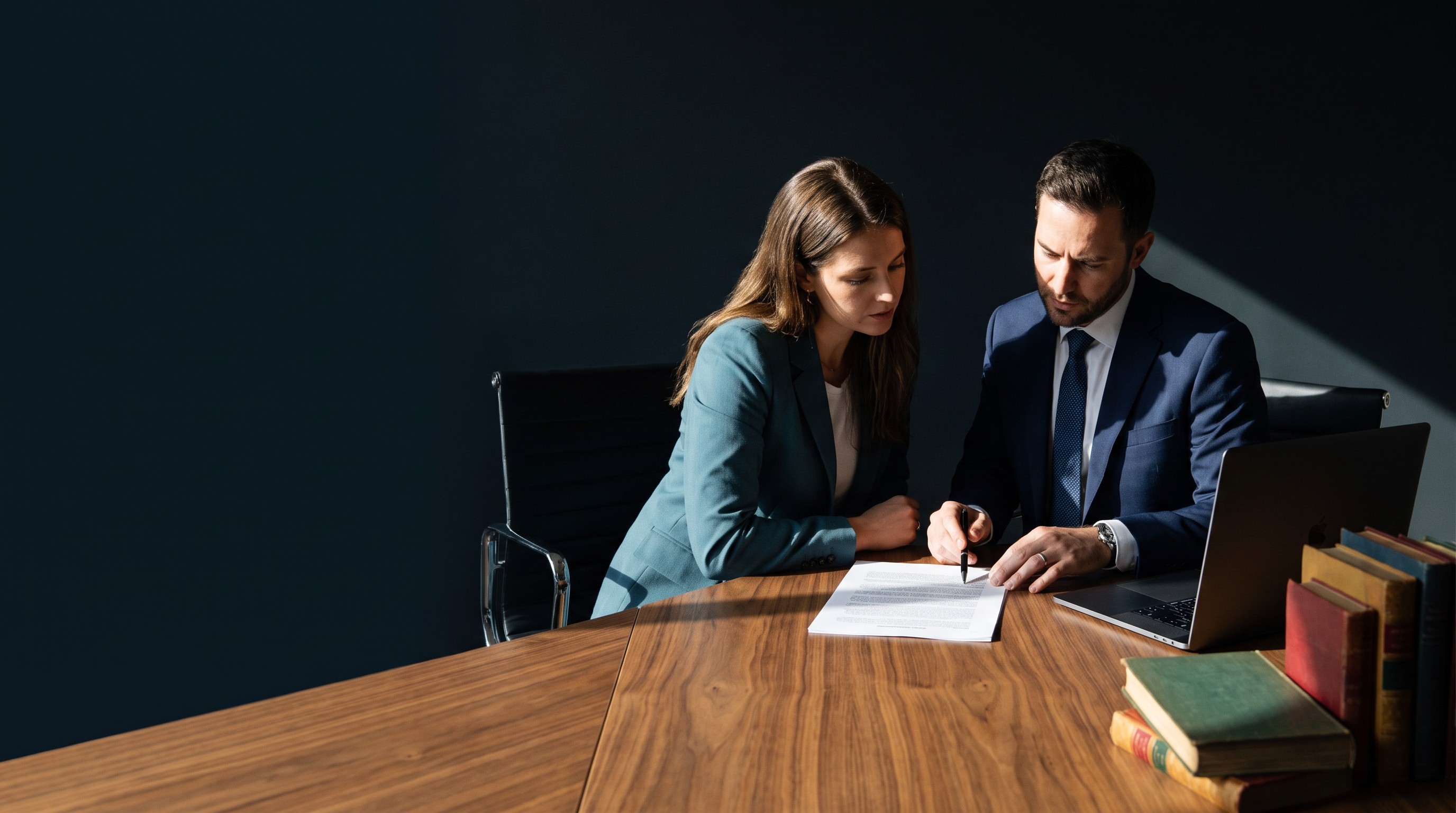 A company founder and an attorney reviewing a document side by side